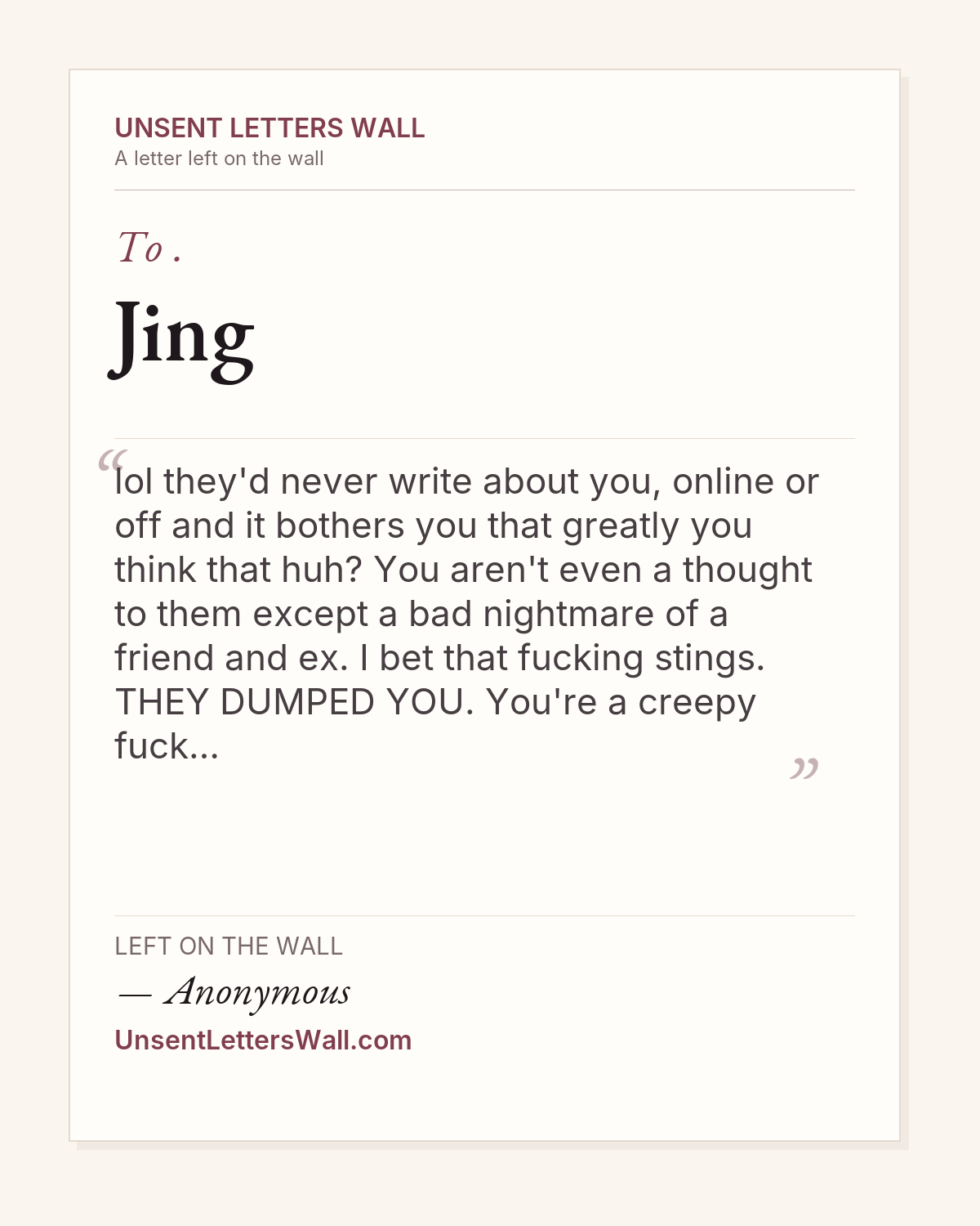 Jing — Unsent Letters Wall